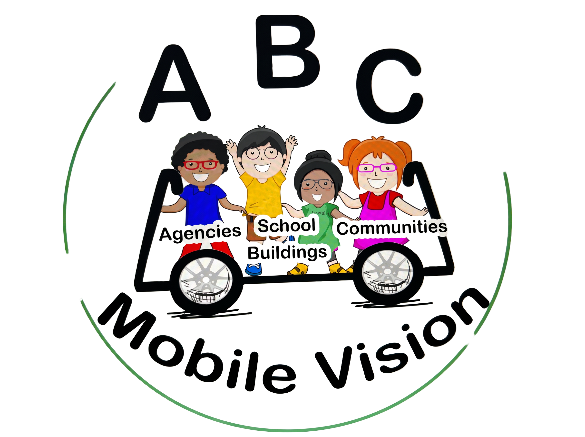 ABC Mobile Vision logo — four smiling kids in glasses riding a wagon, serving Agencies, School Buildings and Communities